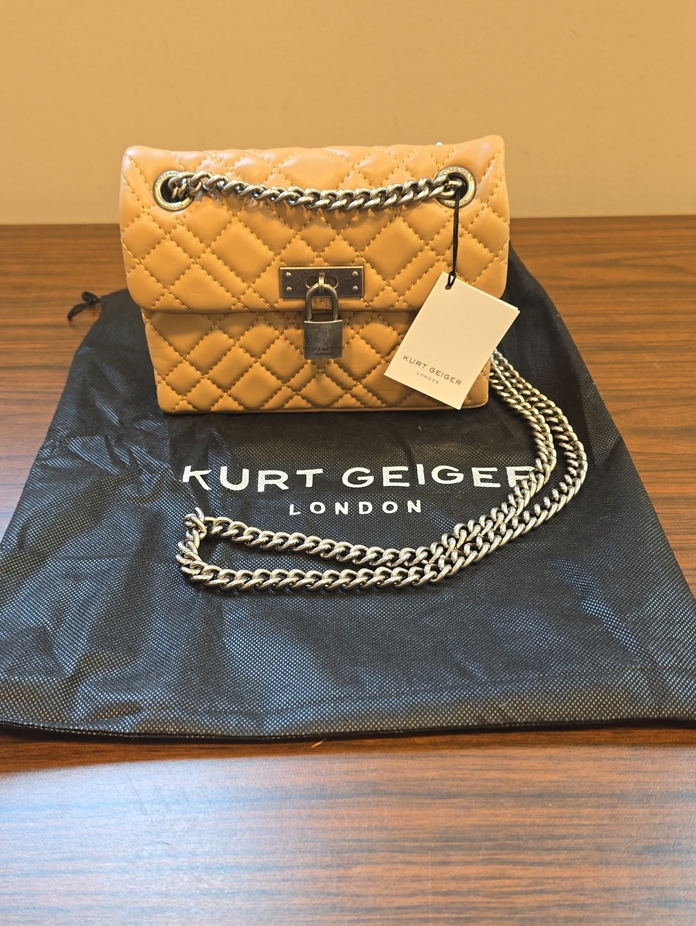 Kurt Geiger Quilted Camel Crossbody Bag with Silver Chain
